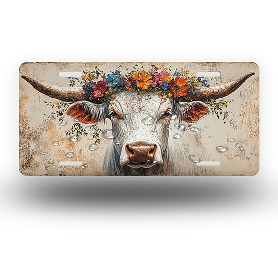 Cow with Colorful Flower Crown on Rustic Background Front License Plate,Metal License Plate,Funny Standard Plates Personalized Novelty Decorative For Men/Women/Boys/Girls Car 6×12 Inch