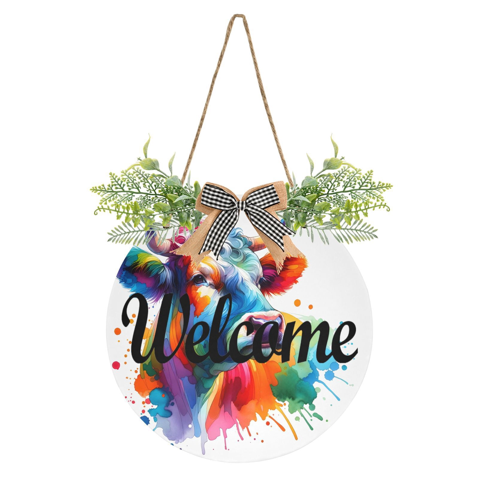 Cow Colorful and Painting Welcome Sign for Front Door Wreath Door Sign ...