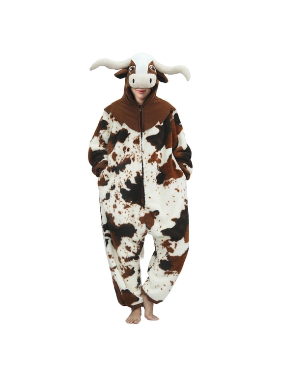 Cow Costume Adult Animal Onesie Pajamas Funny Cosplay Sleepwear, Halloween Hooded Homewear Costume