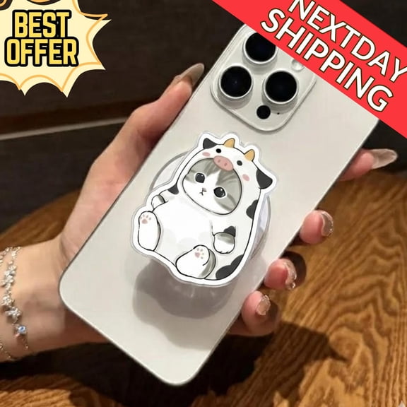 Cow Costume Cat Phone, Kawaii Cat With Cow Onesie, Cute Animal Phone Phone Grip, Animal Lover Phone Holder, E-Reader Accessory