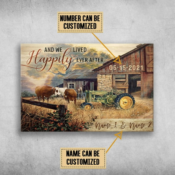 Cow Couple, Farm Tractor, And We Lived, Happily Ever After Customized Personalized NAMEYEARS 16 x 24 Inch Poster