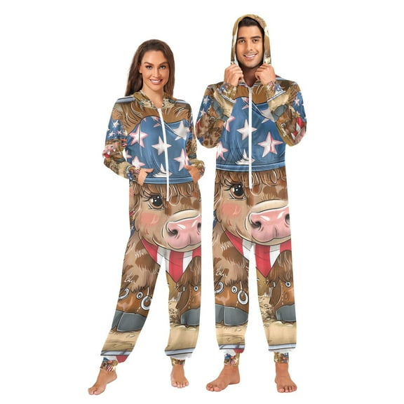 Cow Cowboy American Flag Adult Onesie Pajamas Slim Fit Christmas One Piece Suit Pjs for Women and Men Hooded Zipper