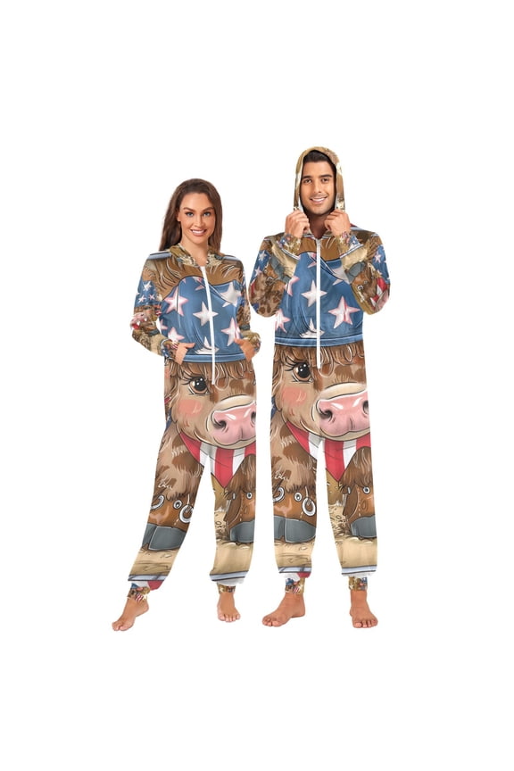 Cow Cowboy American Flag Adult Onesie Pajamas Slim Fit Christmas One Piece Suit Pjs for Women and Men Hooded Zipper