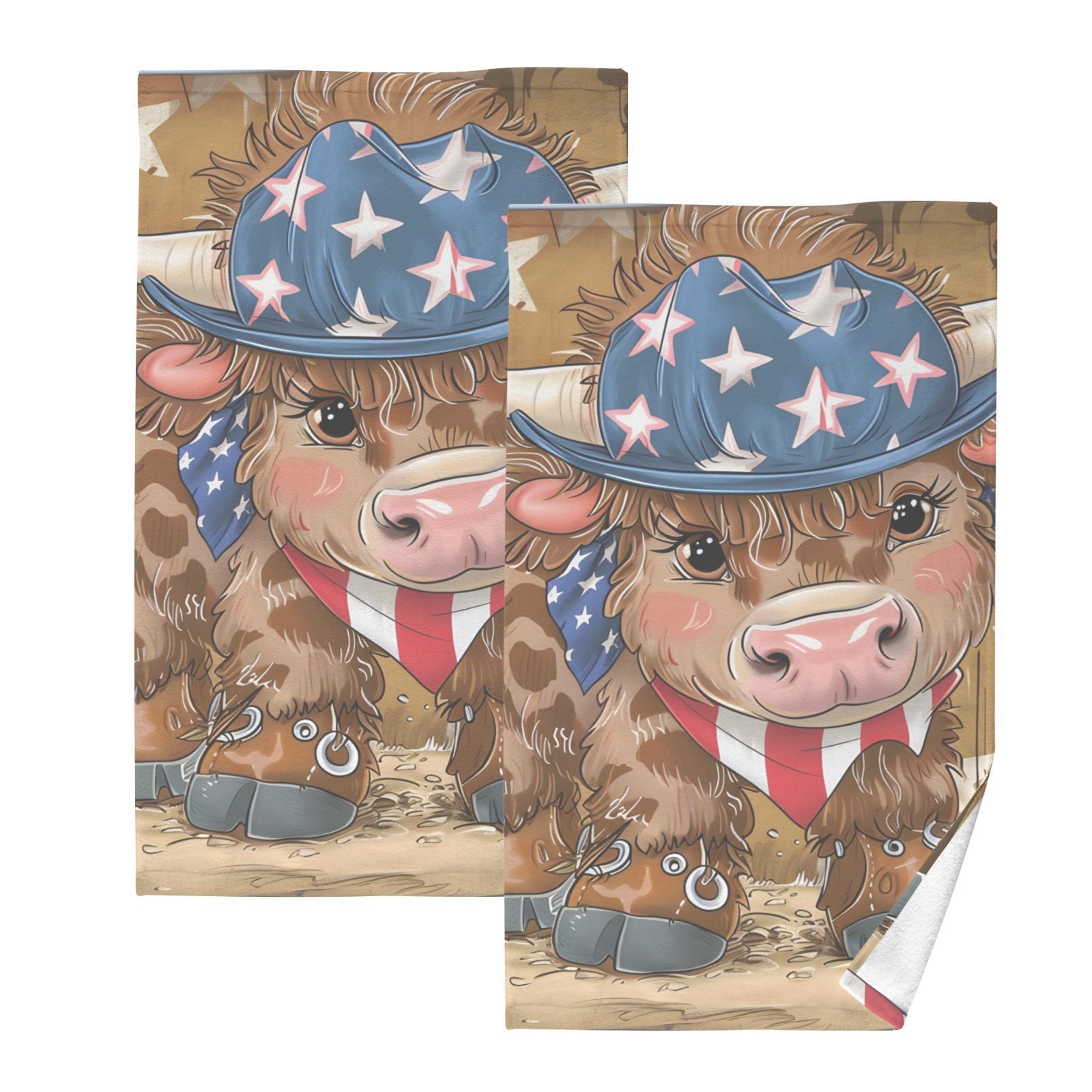 Cow Cowboy American Flag Hand Towels Cotton Bath Towels Large Face Towels Absorbent for Bathroom 2 Packs