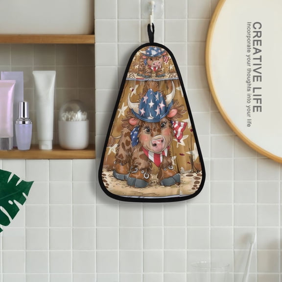Cow Cowboy American Flag Hanging Kitchen Towel Machine Washable Hand Towel Bathroom Absorbent Towel Quick Dry Dishcloth