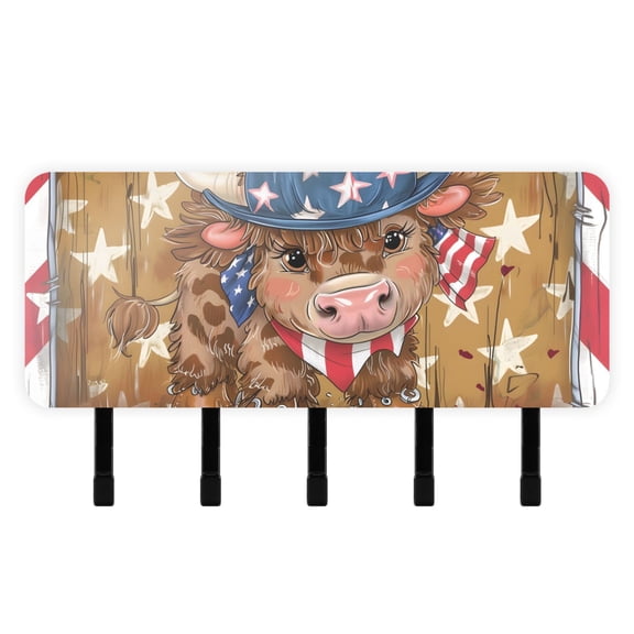 Cow Cowboy American Flag Key Holder for Wall Mail Holder Organizer with 5 Key Hooks Wall Mount Key Rack with Shelf