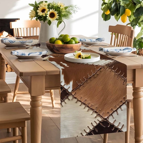 Cow Cowhide Art Table Runner, Abstract Brown Seam Leather Washable Kitchen Table Runners Dress Scarves for Dining Table Decorations Party/Restaurant/Indoor Outdoor Use, 13x36in