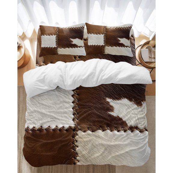 Cow Cowhide Bedding Duvet Cover Set Queen Size 4 Pieces Abstract Brown Seam Leather Bedding Set with Zipper Closure, 1 Comforter Cover 90x90 Inches 1 Flat Sheet & 2 Pillow Cases
