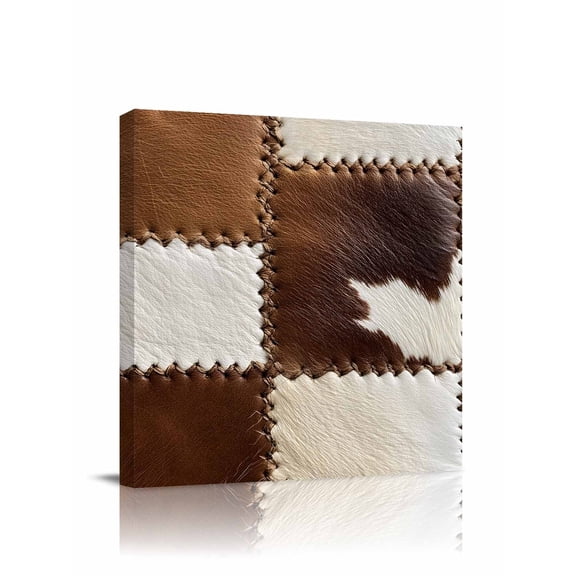 Cow Cowhide Canvas Wall Art, Abstract Brown Seam Leather Framed Wall Decor Modern Artwork Prints Painting for Living Room, Bedroom, Kitchen & Cafe Decor 20x20 Inch