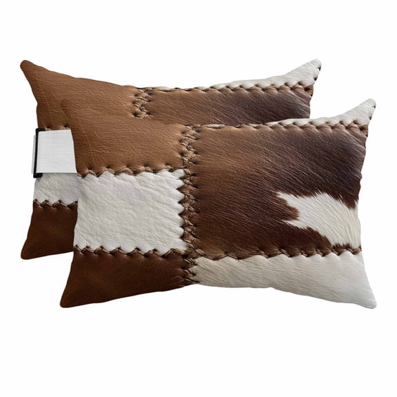 Cow Cowhide Outdoor Chaise Lounge Pillows Abstract Brown Seam Leather Lumbar Pillows with Insert Adjustable Elastic Strap Headrest Pillow for Recliner Patio Chair 2 Pack 12x20 Inch