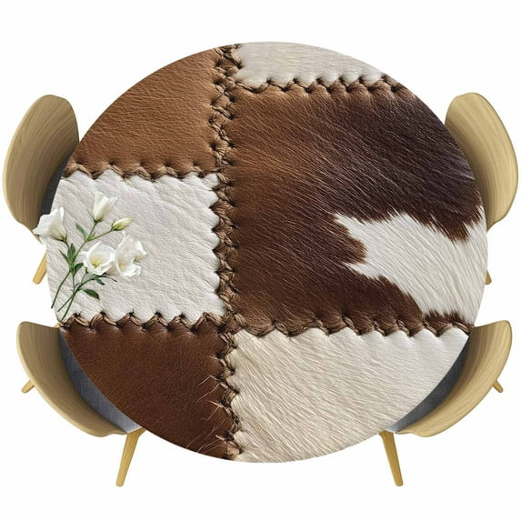 Cow Cowhide Round Fitted Table Cover Abstract Brown Seam Leather Waterproof Table Cloth with Elastic Edge Wipeable Tablecloth for Picnic Camping Party Fits 55"-60" Diameter