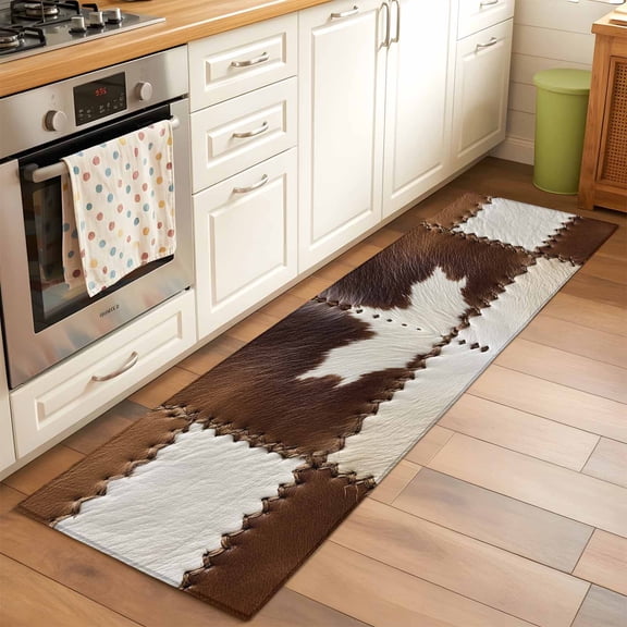 Cow Cowhide Runner Rugs 2x6 ft Abstract Brown Seam Leather Washable Hallway Rugs Non-Slip Floor Mats Absorbent Carpet Bedside Runners for Bedroom Kitchen Bathroom Laundry Room