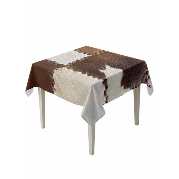 Cow Cowhide Table Cloth 54x54 Inch Square, Abstract Brown Seam Leather Waterproof Tablecloth Washable Table Cover for Party Picnic Dinner Decor