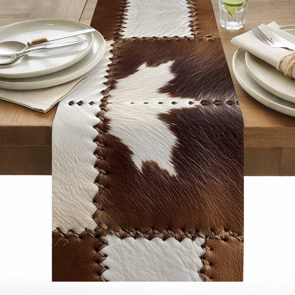Cow Cowhide Table Runner 13x48 inch Abstract Brown Seam Leather Cotton Linen Dining Table Runner Ideal for Dresser Kitchen Coffee Tables - Machine Washable