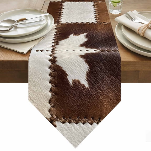 Cow Cowhide Table Runner 48 Inches Long Abstract Brown Seam Leather Table Runners for Dining Room Tabletop Dresser Scarf Home Party Banquet Wedding Holiday Decoration