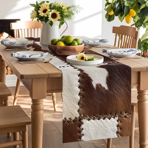 Cow Cowhide Table Runner, Abstract Brown Seam Leather Washable Kitchen Table Runners Dress Scarves for Dining Table Decorations Party/Restaurant/Indoor Outdoor Use, 13x36in