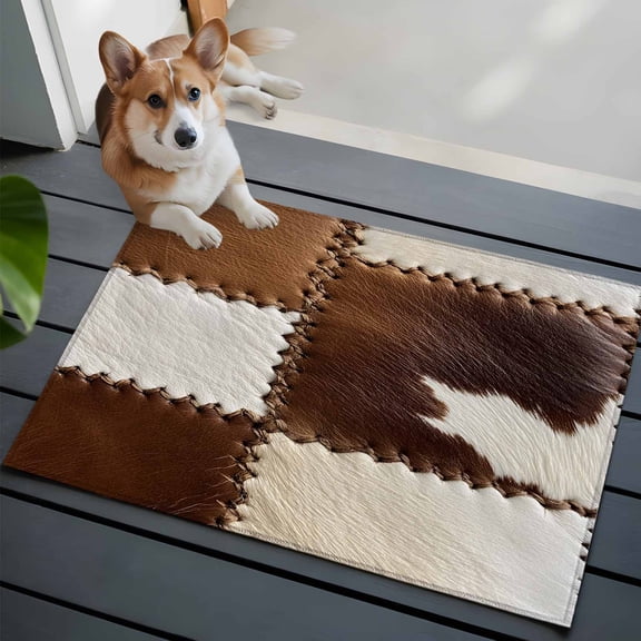 Cow Cowhide Washable Area Rug 2x3 111 Abstract Brown Seam Leather Low-Profile Area Rugs with Non Slip Backing Indoor Floor Carpet for Entrance Living Room Bedroom Home Office