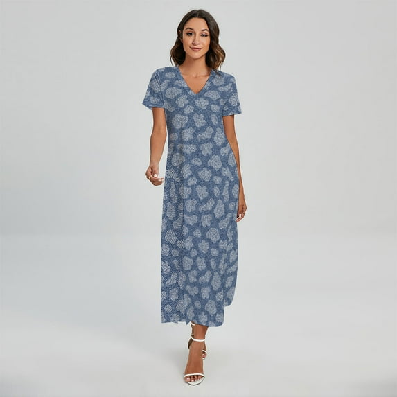 Cow Denim Jeans Pattern Printed Short Sleeve Maxi Dress, Farmer Gifts Fashion Summer Maxi Dress For Women