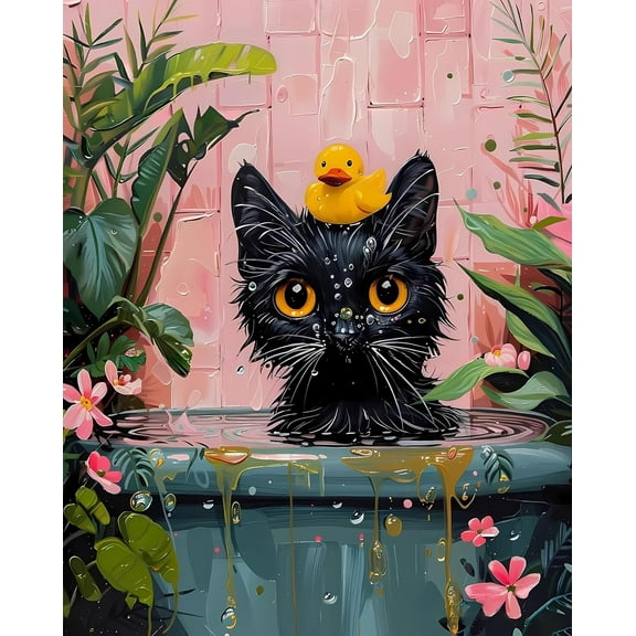 "Bathing Cat" Theme Diamond Painting Kit — DIY Designed for Adults and Beginners, Ideal for Home Wall Decor and Gifting (12 x 16 in).
