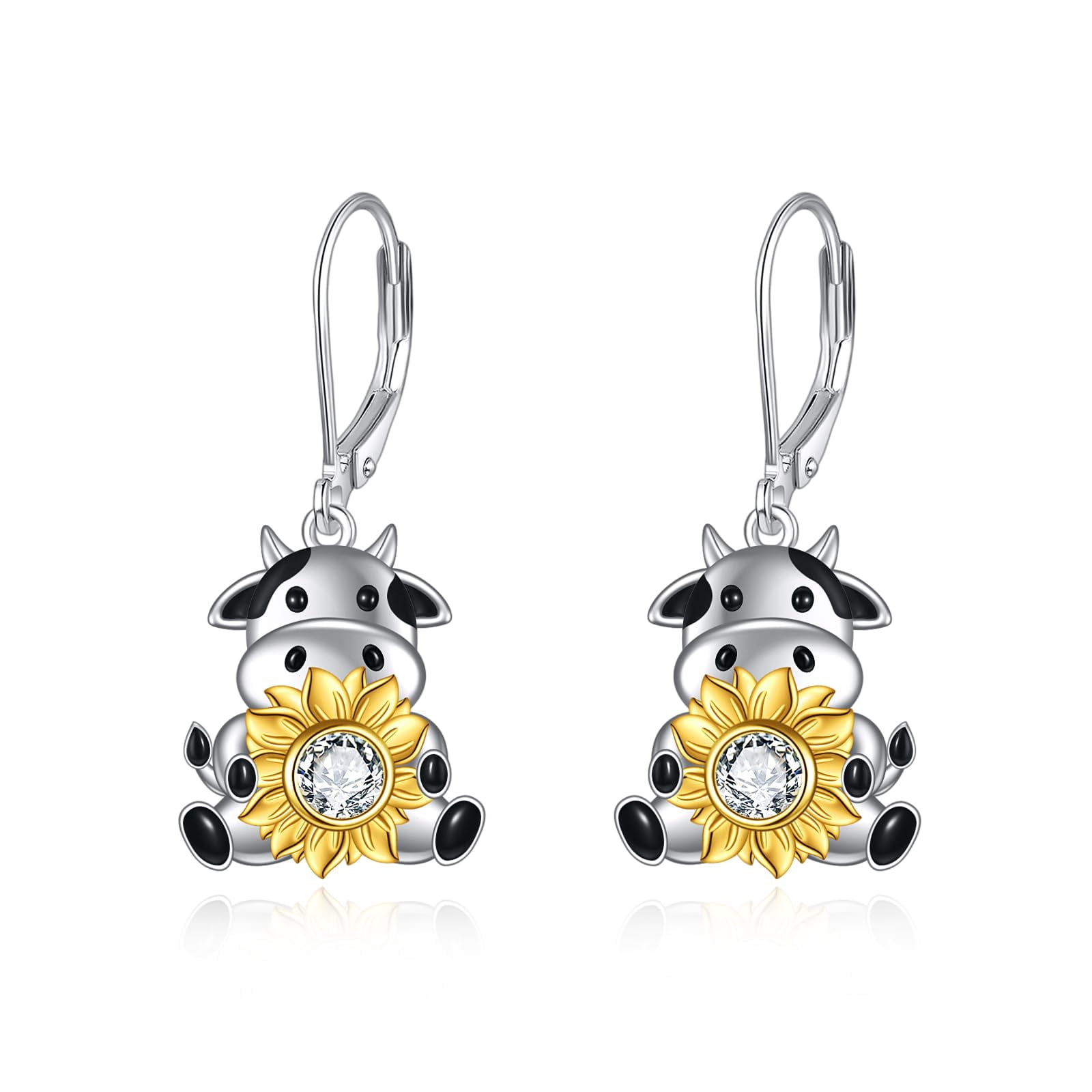 Cow Earrings Sterling Silver Sunflowers Lever Back Earrings Animal Jewelry for Woman Gifts (cow earring)