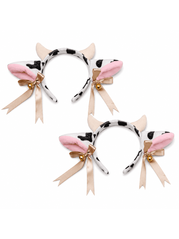 Cow Ears Headband, Plush Cow Headband with Horns, Bow Ribbons & Gold Bells, Cute Animal Ear Hair Hoop for Halloween Party, Cosplay Costume, Farm Theme Party & Photo Booth Props