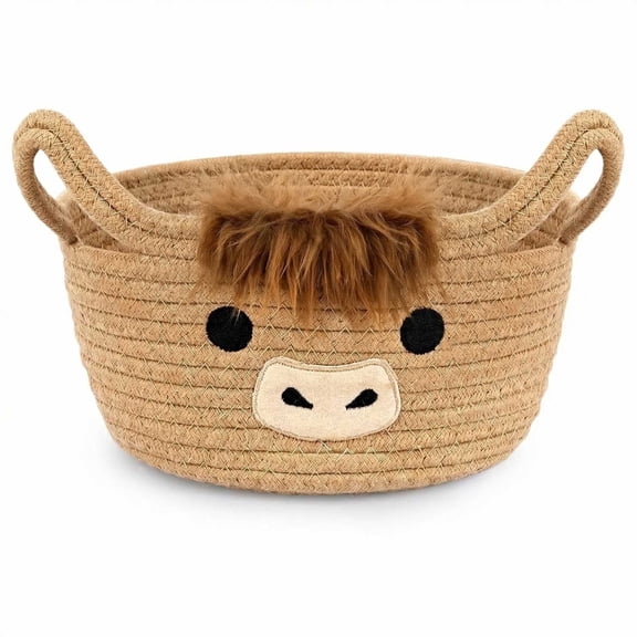 Adorable Highland Cow Basket in Khaki - Woven Cotton Storage Bin with Embroidered Details & Ear Handles, Perfect for Nursery Decor, Baby Shower Gifts & Holiday Organizing, 10.7"D x 6.7"H