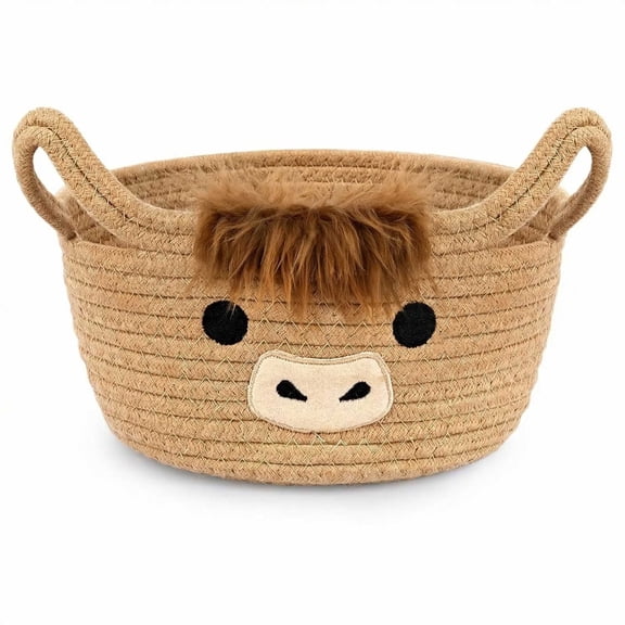 Adorable Highland Cow Easter Basket in Khaki - Woven Cotton Storage Bin with Embroidered Details & Ear Handles, Perfect for Nursery Decor, Baby Shower Gifts & Holiday Organizing, 10.7"D x 6.7"H