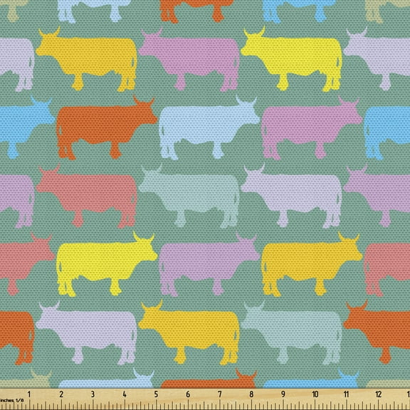 Cow Fabric by the Yard, Colorful Silhouette of Farm Animal Funny Modern Style Pattern, Decorative Upholstery Fabric for Sofas and Home Accents, 10 Yards, Laurel Green Multicolor by Ambesonne
