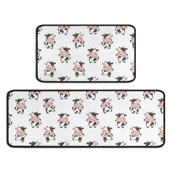 Cow and Face White Pattern Anti Fatigue Kitchen Rugs Set Of 2, Non Slip Washable Decorative Floor Mats for Sink Laundry and Home Use, 17"x30" and 17"x47"
