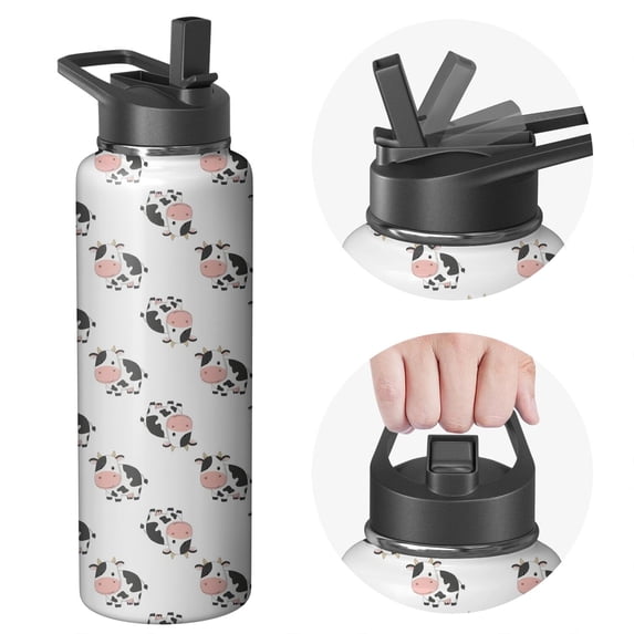 Cow Db Cow and Face White Pattern Insulated Water Bottle with Straw, Vacuum ...