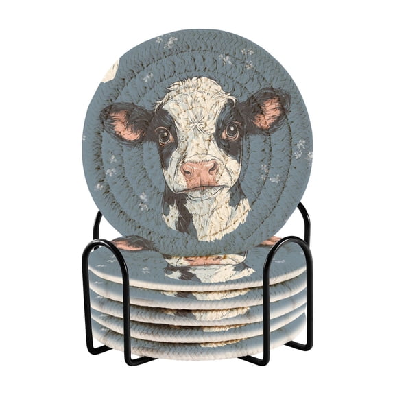 Cow Faces Hand Drawn Drinking Coasters Cup Mat with Holder for Kitchen Cafe Bar 6 Packs