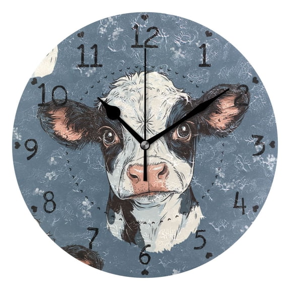 Cow Faces Hand Drawn Round Wall Clock Silent Analog Battery Operated Black Pointer Home Decor 9.84" Diameter