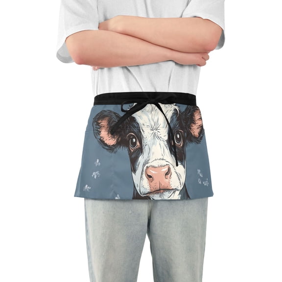 Cow Faces Hand Drawn Short Server Apron with 3 Pockets for Unisex Chef Gardening