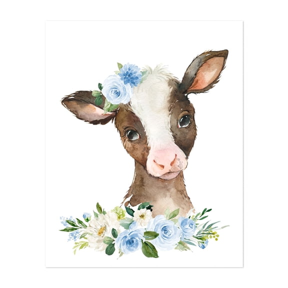Cow, Farm Animals, Barn Animals, Barnyard, Blue Flowers, Boy Nursery - Illustration Animal Watercolor Floral Farmhouse Pastoral Whimsical Unframed Wall Art Print 9 x 12 inches