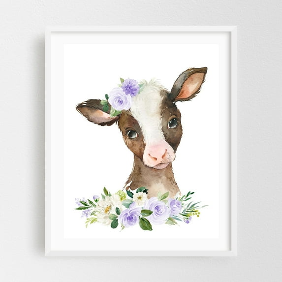 Cow, Farm Animals, Barn Animals, Barnyard, Purple Flowers, Gender Neutral Nursery - Illustration White Framed Wall Art Print 8 x 10 inches