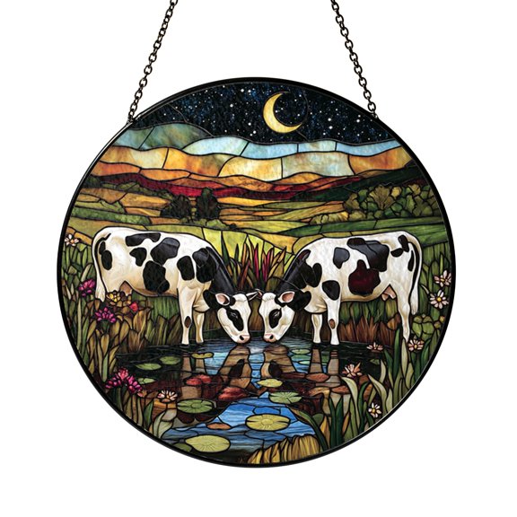 Cow Farm Scene Window Suncatcher with Stained Glass Effect, Rustic Country Window Art
