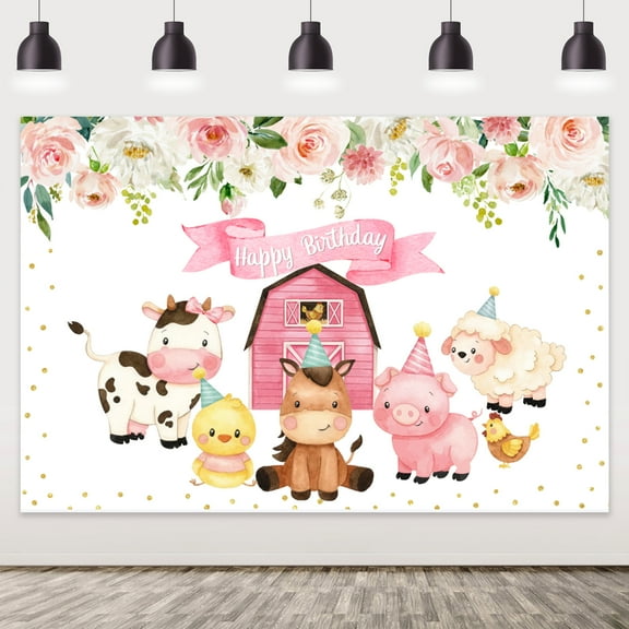 Cow Farm Theme Birthday Decorations Pink Girl Barnyard Birthday Backdrop for Girls Birthday Party