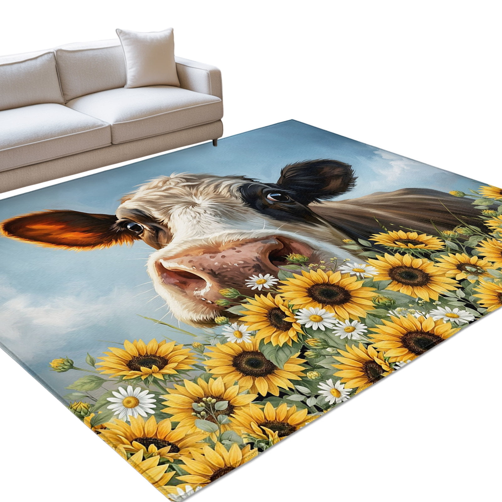 Cow Farmhouse 6x9ft Non Slip Area Rug Yellow Sunflowers Daisy Country ...