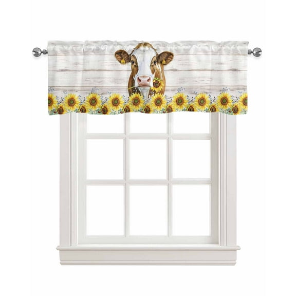 Cow Farmhouse Kitchen Valances for Windows Farmhouse Linen Window Valance Curtain for Living Room Window Treatment Rustic Sunflowers Country Wooden Plank Valance Rod Pocket Topper Drape, 42 x 12 Inch