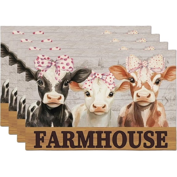 Cow Farmhouse Placemats, Farm Animal Tabletop Mat Rustic, Farmhouse Placemats Set of 4, Place Mats for Home Party Indoor Kitchen Dining Table Decoration Supplies(12X18 inches)