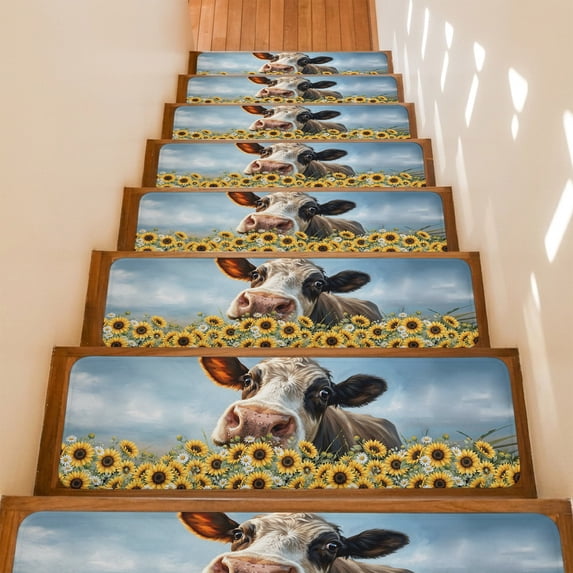 Cow Farmhouse Stair Treads Non Slip for Steps Yellow Sunflowers Daisy Country Sky Farm 4 Pcs Reusable Adhesive Stair Runner Mats for Dogs Elders Carpet Treads Rugs for Staircase 8x30 In