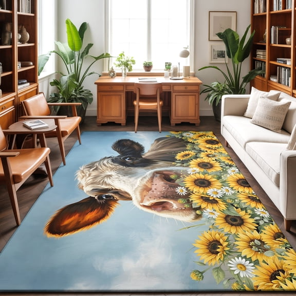 Cow Farmhouse Washable Area Rug 2.7 x 5 ft Yellow Sunflowers Daisy Country Animal Sky Farm Soft Non Slip Rugs Stain Repellent Indoor Felt Carpet for Living Dining Room Bedroom Home Office