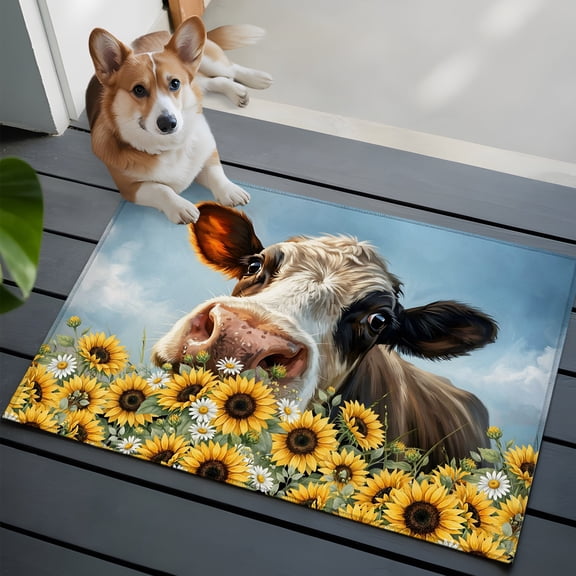 Cow Farmhouse Washable Entry Rug 2x3 Yellow Sunflowers Daisy Country Animal Sky Farm Low Pile Indoor Door Mat with Rubber Backing Thin Area Rug for for Entrance, Bedroom, Kitchen, Laundry, Bathroom
