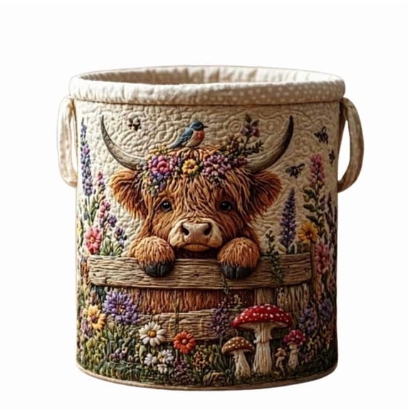Cow Floral Printed Fabric Storage Basket With Handles Quilted Embroidery-Style Organizer For Laundry Toys Blankets Small Size