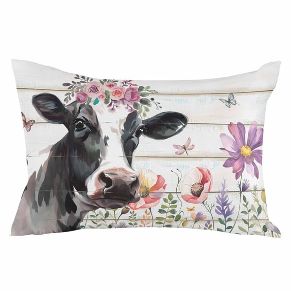 Cow Floral Throw Pillow Cover 12 x 20 Inch Decorative Pillow Cover Botanical Flowers Butterfly Wooden Grain Lumbar Pillowcase Seasonal Rectangle Cushion Case for Couch Sofa Bed Living Room