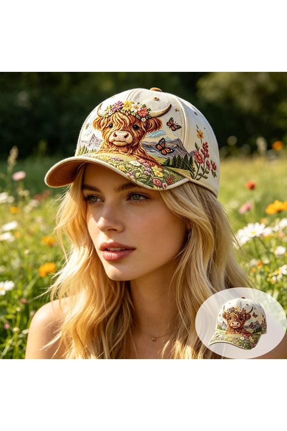 Cow Floral Baseball Cap, Trucker Hat with Wildflower Print and Comfortable Adjustable Fit, Casual Accessory for Outdoor Activities, Daily Wear, and Farm Themed Events.
