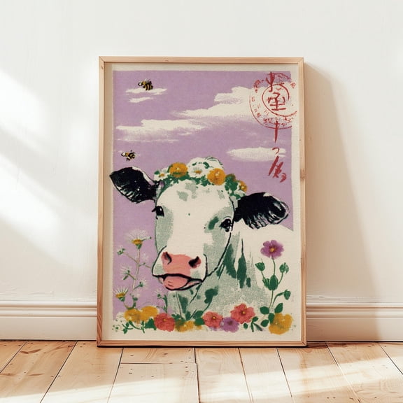 Cow Floral Whimsical Farmhouse Animal Decor Wall Art Unframed Paper Print