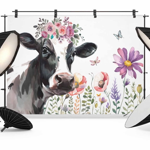 Cow Flower Backdrop for Photoshoot,Photography Photo Studio Background Wall Backdrop,Farmhouse Cattle Botanical Butterfly Floral Back Drop Banner Panel for Portraits Wedding Live Streaming 7x5Ft