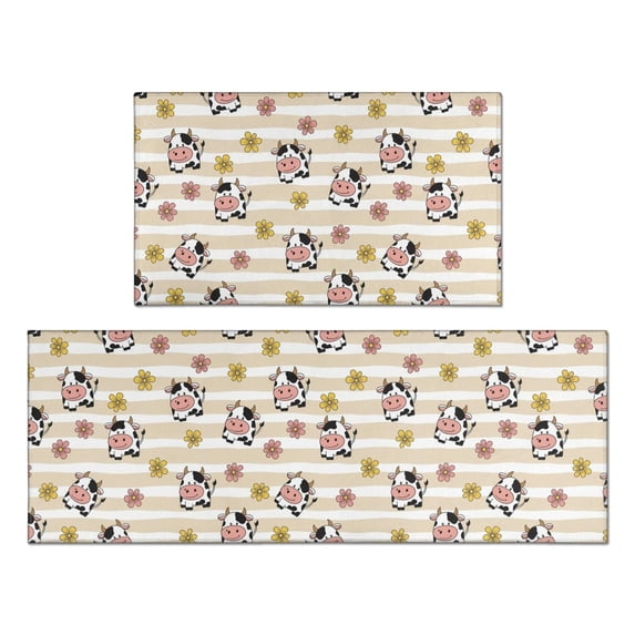 Cow and Flower Beige Pattern Anti Fatigue Kitchen Rugs Set Of 2, Non Slip Washable Decorative Floor Mats for Kitchen Sink Laundry, 17"x30" and 17"x47"