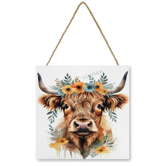 Cow With Flower Crown Wall Art Wooden Sign Cow Decor Cow Gifts Vintage Pictures for Bedroom Bathroom Kitchen Wall Decorations Bar Interior Decor 12"x12" Wooden Hanging Signs